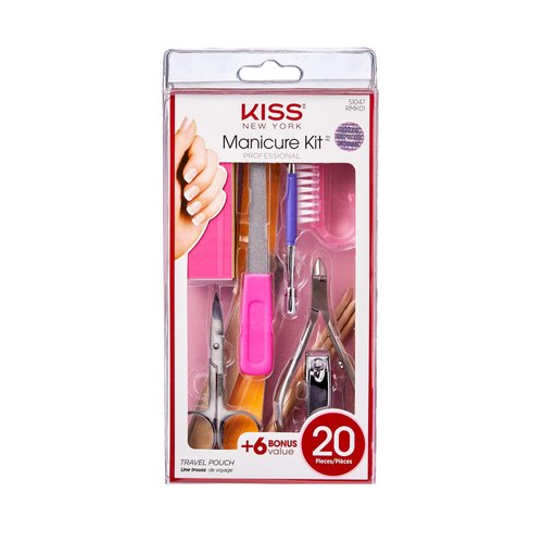 KISS Professional 20 Piece Manicure Kit with Nail Clipper, Cuticle Nipper, Nail Brush, Cuticle Pusher, 3 Emery Boards, 2 Nail Files, Buffer, Manicure Stick, Scissors, & Storage Pouch