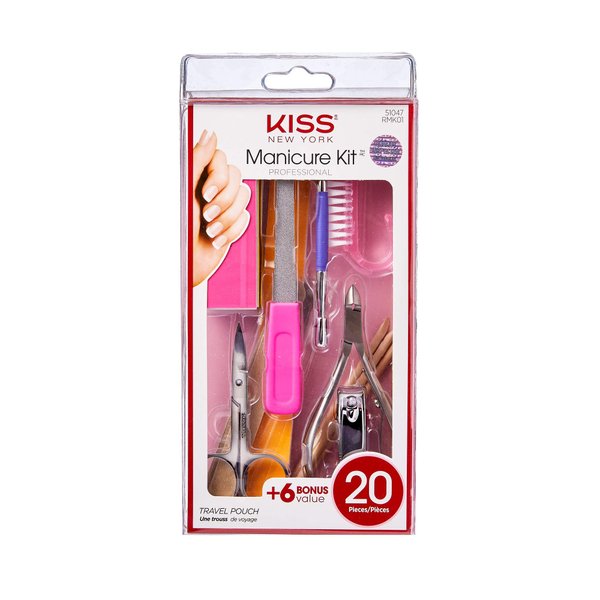 KISS Professional 20 Piece Manicure Kit with Nail Clipper, Cuticle Nipper, Nail Brush, Cuticle Pusher, 3 Emery Boards, 2 Nail Files, Buffer, Manicure Stick, Scissors, & Storage Pouch