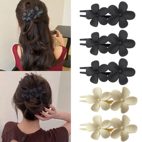 Mdscve Flower Flat Hair Clips for Women French Flat Hair Claw Matte Hair Clips Flat Claw Clips for Thick Hair Non-Slip Cute Duck Billed for Girls (Black, White)