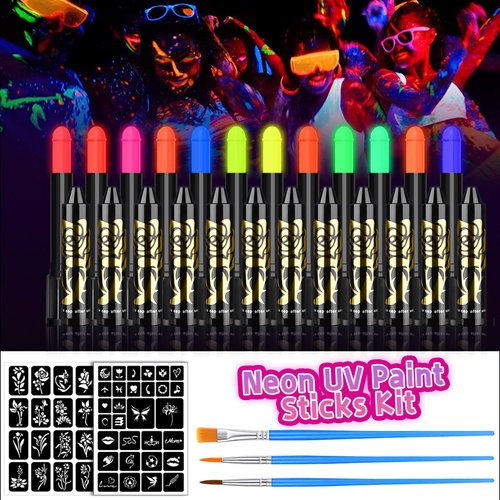 CHASPA Glow in The Dark UV Neon Face Paint 12 Colors Water Based Fluorescent Body Paint Sticks Crayons with 46 Stencils and 3 Brushes under Blacklight for Glow Party, Chrismas UV Makeup