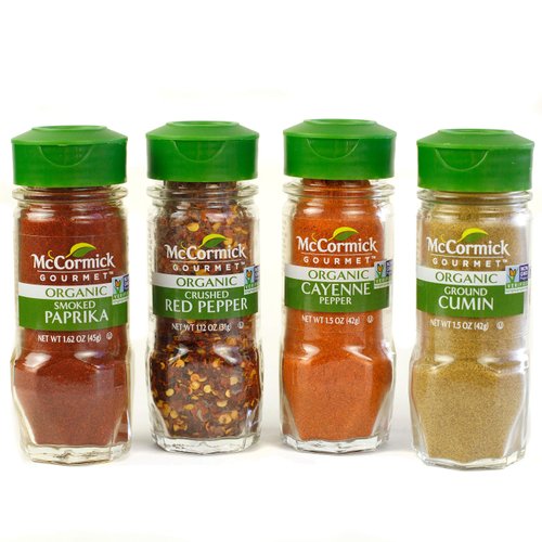 McCormick Gourmet Organic Red Peppers & Cumin Everyday Basics Variety Pack (Smoked Paprika, Crushed Red Pepper, Cayenne Pepper, Ground Cumin), 0.05 lb