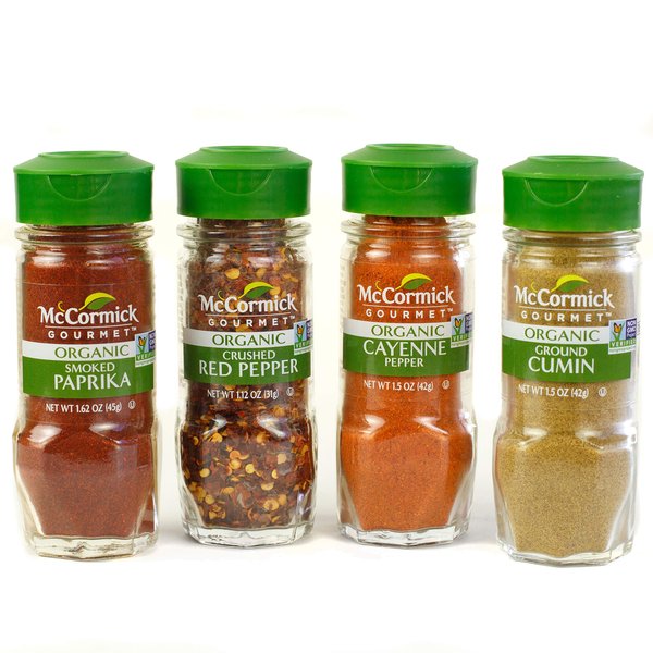McCormick Gourmet Organic Red Peppers & Cumin Everyday Basics Variety Pack (Smoked Paprika, Crushed Red Pepper, Cayenne Pepper, Ground Cumin), 0.05 lb
