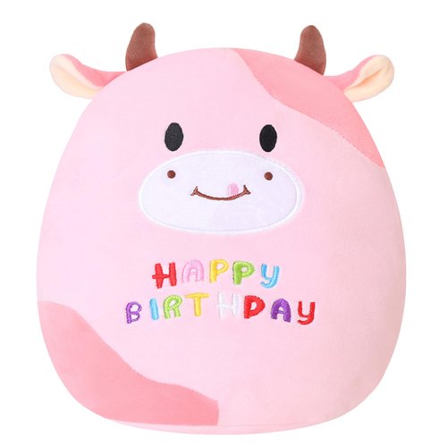 PARTYAGE Birthday Cow Plush Toy Cuddly Cow Stuffed Animals Holiday Doll Pillow Decoration Kawaii Cow Plushie Gift for Girls Boys (Pink, 10 Inch)