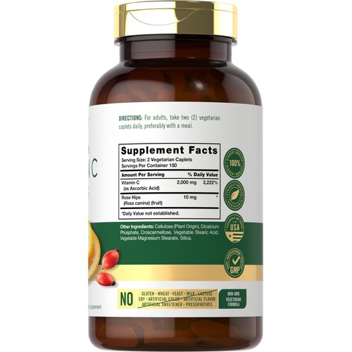 Carlyle Vitamin C 1000mg | 300 Vegetarian Caplets | Ascorbic Acid with Wild Rose HIPS | High Strength Formula | Non-GMO and Gluten Free Supplement