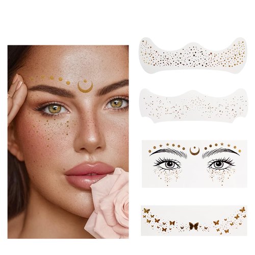 Easilydays 4 Styles Glitter Freckles Face Tattoo, Gold Makeup Patches Face Glitter Freckles, Faux Freckles Waterproof Temporary Tattoos, Cheer Glitter for Parties Makeup Cosplay Festival Accessories