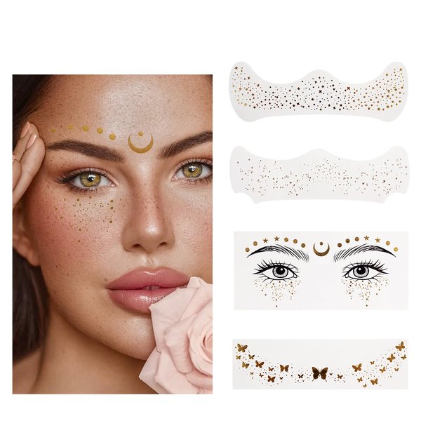 Easilydays 4 Styles Glitter Freckles Face Tattoo, Gold Makeup Patches Face Glitter Freckles, Faux Freckles Waterproof Temporary Tattoos, Cheer Glitter for Parties Makeup Cosplay Festival Accessories