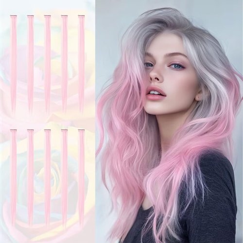 SOFEIYAN 10 Pcs Colored Hair Extensions Party Highlights Colorful Clip in Hair Extensions 22 Inch Straight Synthetic Hairpieces for Women Kids Girls Halloween Christmas Cosplay, 10pcs Pink
