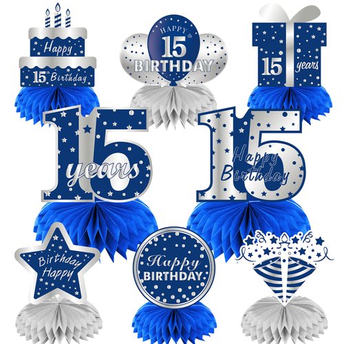 Kauayurk 8Pcs 15th Birthday Honeycomb Centerpieces Decorations for Boys, Blue Silver 15 Year Old Table Centerpiece Party Supplies, Fifteen Topper Decor Sign