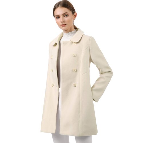 Allegra K Women's Peter Pan Collar Double Breasted Winter Long Trench Pea Coat Medium Beige