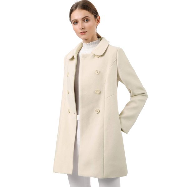 Allegra K Women's Peter Pan Collar Double Breasted Winter Long Trench Pea Coat Medium Beige