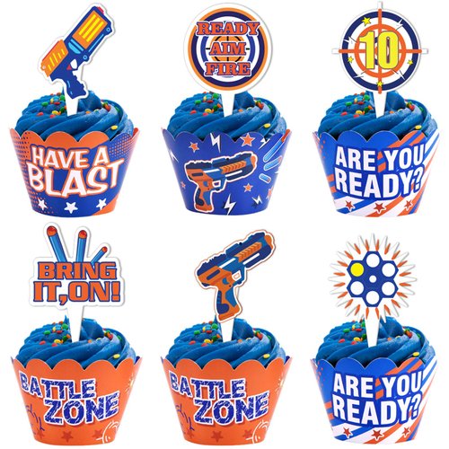 Cracoo Dart War Party Cupcake Toppers Wrappers Kids Birthday Gun Picks Target Bullet Dart War Party Supplies Decoration -48 Piece