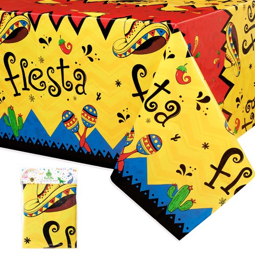 Fiesta Plastic Tablecloths - 1 PC 54” x 108” Cinco De Mayo Table Cover, Disposable Table Decorations for Mexican Family Dinner Taco Night Mexico Holiday West Themed Party Kids Classroom Activities