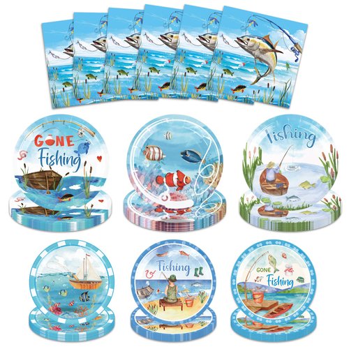 100PCS Gone Fishing Party Decorations - Fishing Birthday Party Decorations Disposable Plates Napkins Tableware Set for All kids Party Supplier, Serves 30 Guests