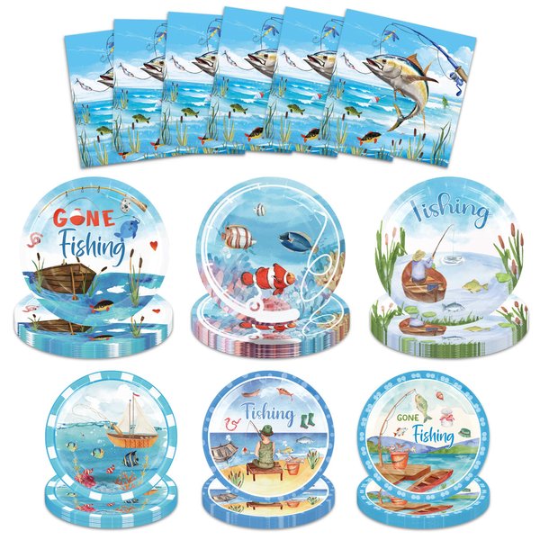 100PCS Gone Fishing Party Decorations - Fishing Birthday Party Decorations Disposable Plates Napkins Tableware Set for All kids Party Supplier, Serves 30 Guests