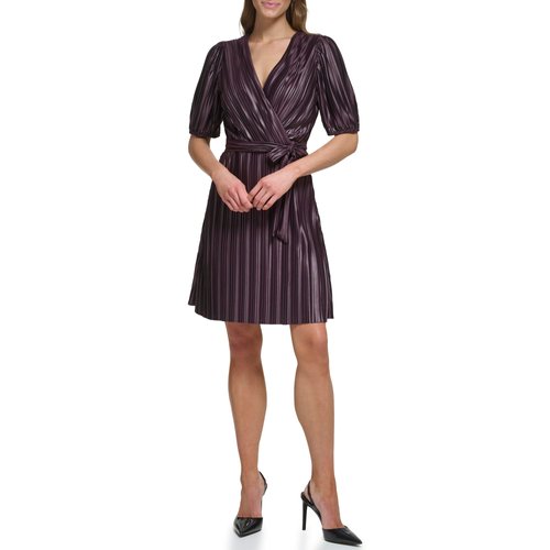 DKNY Women's Pleated Wear to Work Faux Wrap Dress, Aubergine