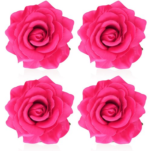 Atoden Hot Pink Rose Hair Clip, Flower Rose Clips for Hair, Hawaiian Floral Hair Pins Alligator Clips Brooch Mexican Decorative Headpieces for Women Girls Bridal Wedding Hair Accessories