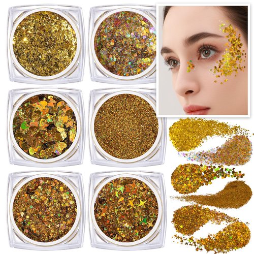 Teenitor Face Glitter Body Glitter, Gold Body Glitter Gel, Hair Glitter Gel, 6 Shapes Rave Glitter, Mermaid Sequins Makeup Glitters Face Paint, Chunky Sparkling Glitter Gel for Women