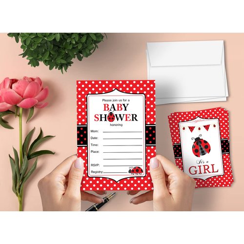 Leigha Marina It's a Girl Ladybug Baby Shower Invitations – 20 Cards & 20 Envelopes