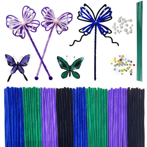 YYUENGTAK 200 pcs Pipe Cleaners Craft Supplies,Chenille Stems for DIY Art Decorations Creative Craft,Black Pipe Cleaners and Blue,Purple,Green,with Peals and Colorful Rhinestones(12inch x 6mm)