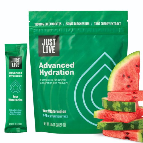 Just Live Advanced Hydration - Sour Watermelon, Electrolyte Drink Mix, Tart Cherry Extract, Supports Recovery & Absorption, Low Sugar, 14 Pack