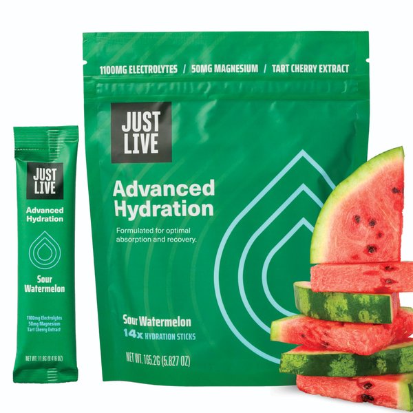 Just Live Advanced Hydration - Sour Watermelon, Electrolyte Drink Mix, Tart Cherry Extract, Supports Recovery & Absorption, Low Sugar, 14 Pack