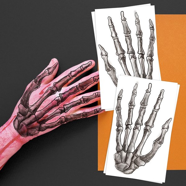 4-Pack Skeleton Hand Temporary Tattoo Stickers for Adults and Kids, 4.9 x 8.2 Inch Halloween Cosplay Skeleton Tattoos for Hands and Body