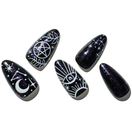 GLAMERMAID Black Press on Nails Medium Almond Shape, Gothic Short Oval Fake Nails with Design, Glitter Eye Jelly UV Finish Acrylic False Nail Kits for Women, Stiletto Reusable Stick Glue on Nails Sets