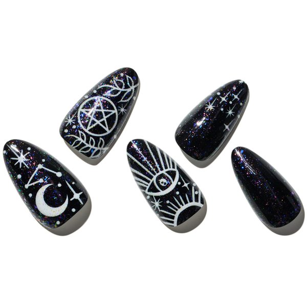 GLAMERMAID Black Press on Nails Medium Almond Shape, Gothic Short Oval Fake Nails with Design, Glitter Eye Jelly UV Finish Acrylic False Nail Kits for Women, Stiletto Reusable Stick Glue on Nails Sets