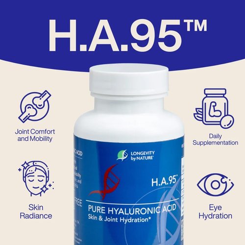 Longevity by Nature H.A.95 Hyaluronic Acid Supplements, Antioxidant, Skin Hydration, Eye, Joint, Natural Rooster Comb, 60 Capsules