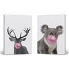 Smile Art Design Reindeer and Koala Animal Bubble Gum Art 2 Panel Canvas Print Set Pink Gum Black and White Wall Art Baby Room Boy Girl Kids Room - Nursery Decor Ready to Hang Made in USA- 17x11