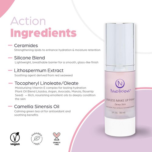 Nuzilicious Professional Grade Glass Glow Makeup Primer – Achieve Flawless, Dewy Skin with Luxurious Plant Oil Blend, Ceramide & Seaweed Extracts, Vegan & Cruelty-Free, 1 oz