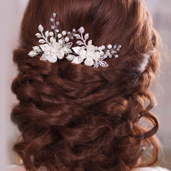 Pearl Flower Hair Clips Bridal U Shape Hair Pins Crystal Leaf Handmade Silver Hair Pins Wedding for Bride and Bridesmaid Gifts 2PCS