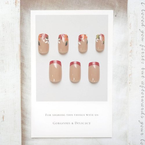 Fall Short Press on Nails French Tip Fake Nails Medium Length Hand-Painted Short Nails Glossy Nude with Leaves Designs Acrylic Nails Brown Nail Tips Full Cover Glue on Nails for Women Girls