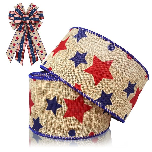 Patrotic Fabric Ribbons Labor Day Decor Ribbon Patriotic Spots Stars Edge Wired Burlap Linen Ribbons for Veterans Day Independence Day Gift Wrapping Party Decoration Crafts Supplies 10 Yards