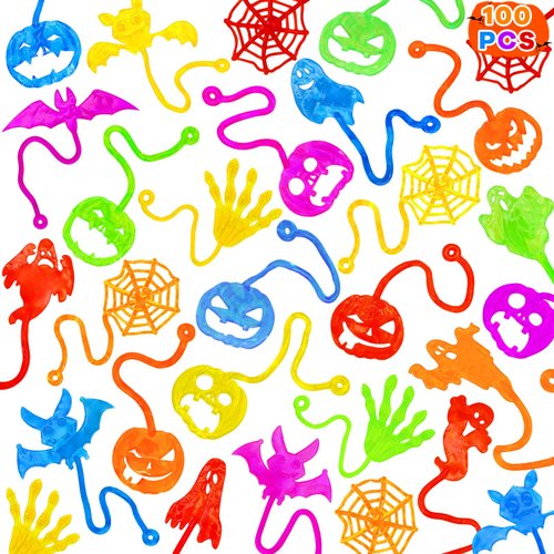 Tuzuaol 100 Pack Halloween Sticky Hands Party Favors Supplies for Kids, Ghost Pumpkin Skull Fingers Bat Spider Web Sticky Stretchy Hand Toys Gifts for Boys Girls