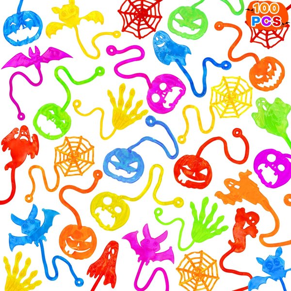 Tuzuaol 100 Pack Halloween Sticky Hands Party Favors Supplies for Kids, Ghost Pumpkin Skull Fingers Bat Spider Web Sticky Stretchy Hand Toys Gifts for Boys Girls
