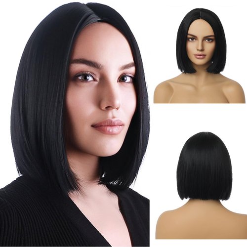 PATTNIUM Black Bob Wig for Women Short Black Wigs Straight Middle Part Black Hair Wig Natural Looking Heat Resistant Synthetic Wig
