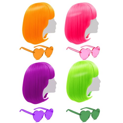 Short Bob Wig,4 Pieces Colorful Wigs,Cosplay Wigs 12” Straight with Flat Bangs,Neon Colored Wig for Women Girl Party Favors Bachelorette Party Night Club Come with Extra Wig Cap (Sunglasses)
