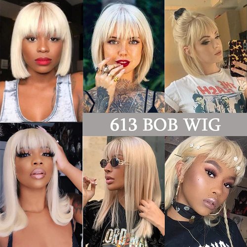 21AE Glueless Wigs Silky Straight 613 Blonde Human Hair Bob Wig with Bangs, HD Lace Pre plucked Blunt Cut, 10 Inch Short Bob Wigs With Bangs Brazilian Virgin Hair, 613 Blonde Wig with Bangs