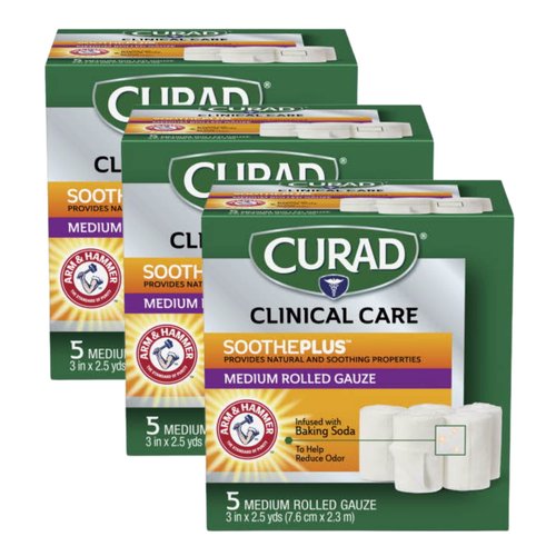 CURAD SoothePlus Rolled Gauze with Arm & Hammer Baking Soda, 3" x 2.5 yds, 5 count (Pack of 3)