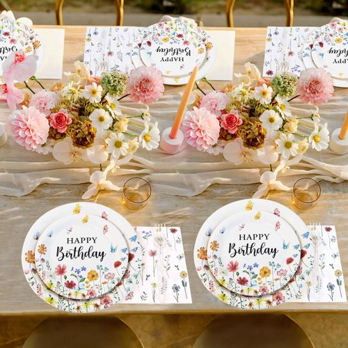 Lopeastar 100Pcs Wildflower Party Decorations Plates Set, Floral Paper Plates Napkins and Forks Flower Birthday Decorations for 25 Guests