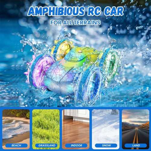 Amphibious Remote Control Car 4WD Waterproof RC Car Gesture Remote Control Boat 360° Rotation Stunt RC Boat with Lights Water Beach Pool Toys for Kids Ages 4-8-12 Gifts for 6 7 9 Year Old Boys Girls