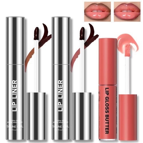 HOSAILY 2 Colors Peel Off Lip Liner Stain, Waterproof Long Wear Tattoo Lip Stain Peel Off with Nude Pink Butter Lip Gloss Combo for Women Non Sticky Lip Tint Brown Lip liner Set Liquid Lipstick Makeup