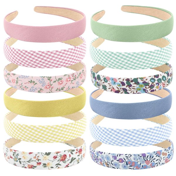 Wecoe 12pcs Headbands for Women Plain Headbands Flower Headbands Floral Headbands Checked Plaid Printed Headbands Y2K Summer Headbands Women Girls Diy Costume Accessories Diademas Coreanas Para Mujer