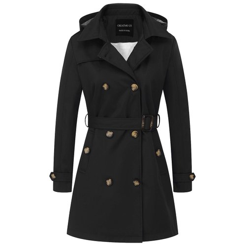 CREATMO US Women's Dress Coats Double-Breasted Trench Coat with Belt Black M