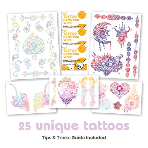 Savvi - 25 Henna Temporary Tattoos: Skin-Safe Ink, Box Set Includes Tattoo Remover Wipes, Great for Parties or Everyday Wear, Gifts for Boys and Girls Ages 4-12+ [5 sheets, 25 count]