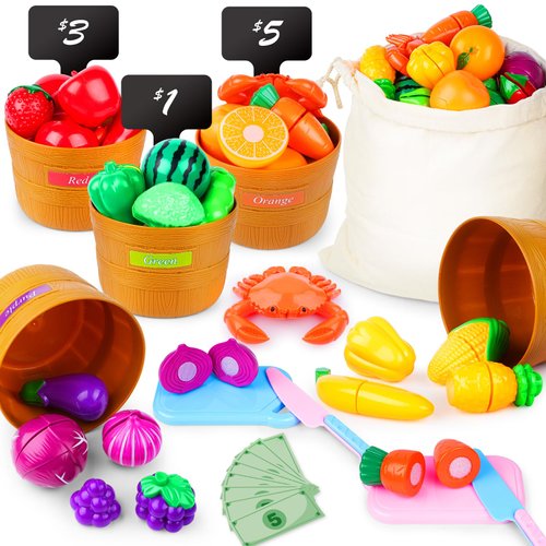 Color Sorting Play Food Set, Montessori Learning Educational Toy for Toddlers, Farmers Market Cutting Pretend Food Toy, Shopping Play Toys, Christmas Birthday Gifts for Toddlers Boys Girls