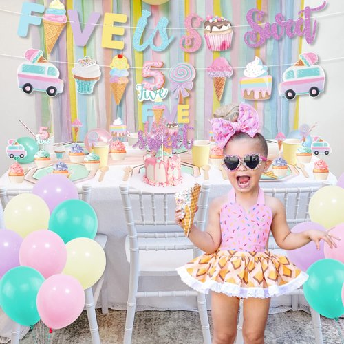 Ice Cream 5th Birthday Party Decorations, Five is So Sweet Party Banner Cake Cupcake Toppers Macaron Balloon for Summer Girls Ice Cream 5th Birthday Sweet Fifth Ice Cream Theme Birthday Party Supplies