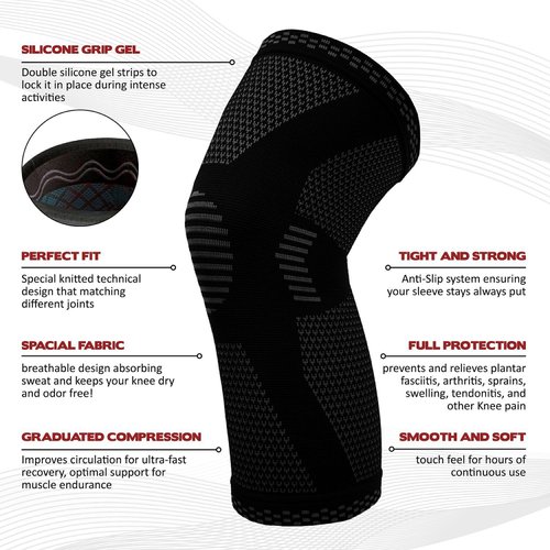 Kemett Knee Brace Support Compression Sleeves, Straps for Running,Jogging, Cross Fit, Sports, Joint Pain Relief, Arthritis and Injury Recovery pads and more.