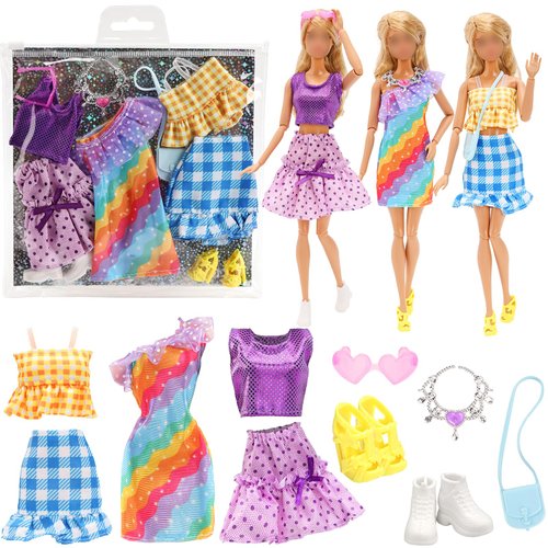 Miunana 8 PCS Girl Doll Clothes and Accessories Including 3 Sets Fashion Casual Party Dresses 1 Pair of Flat Shoes High Heels Bag Glasses with Necklace DIY Stickers for 11.5 Inch Girl Dolls